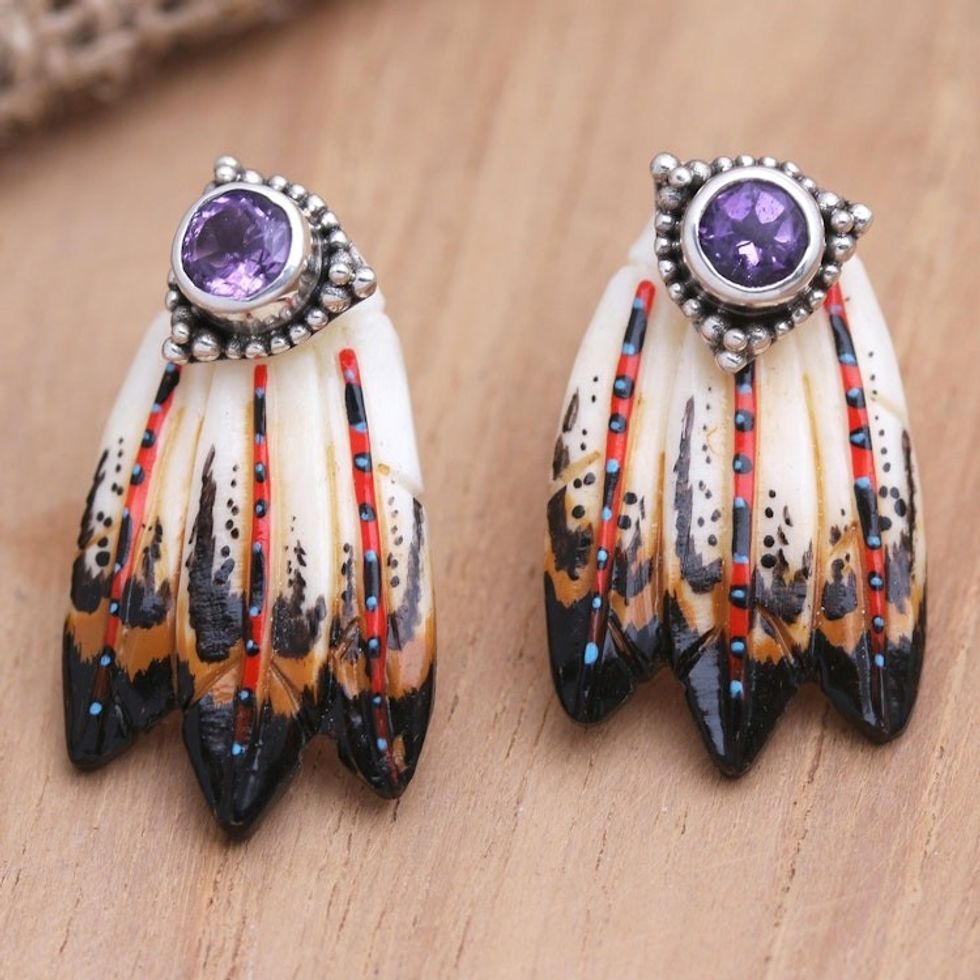 Amethyst and Sterling Silver Drop Earrings 'Magic Feather'