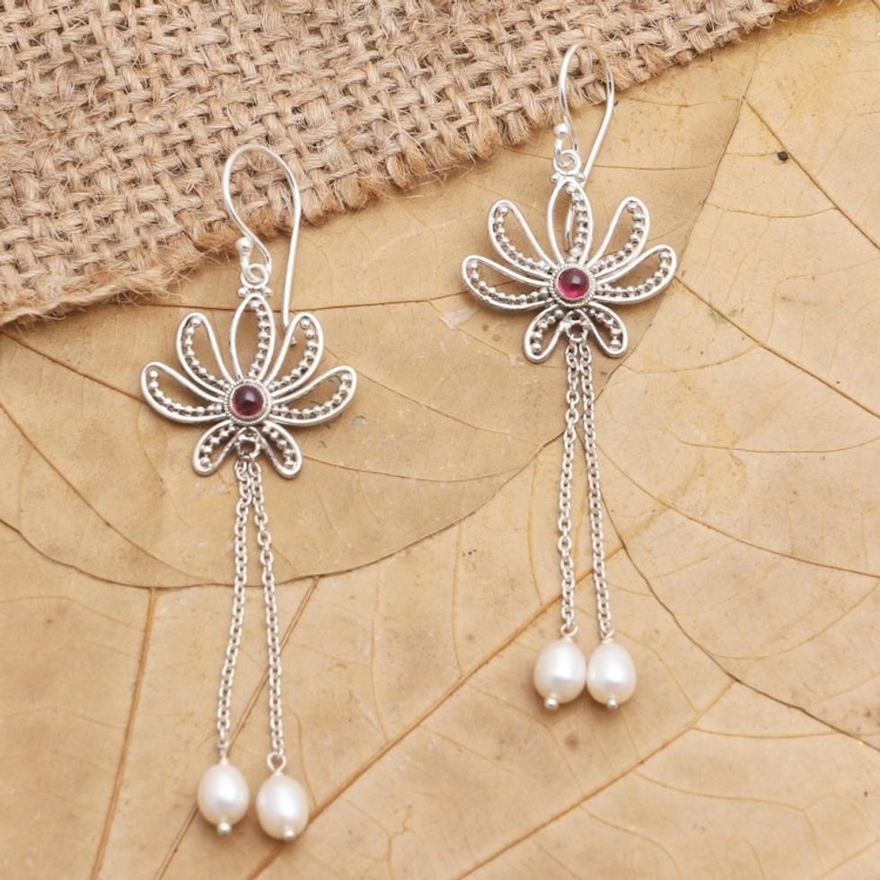 Handcrafted Cultured Pearl and Garnet Dangle Earrings 'Passionate Lotus'