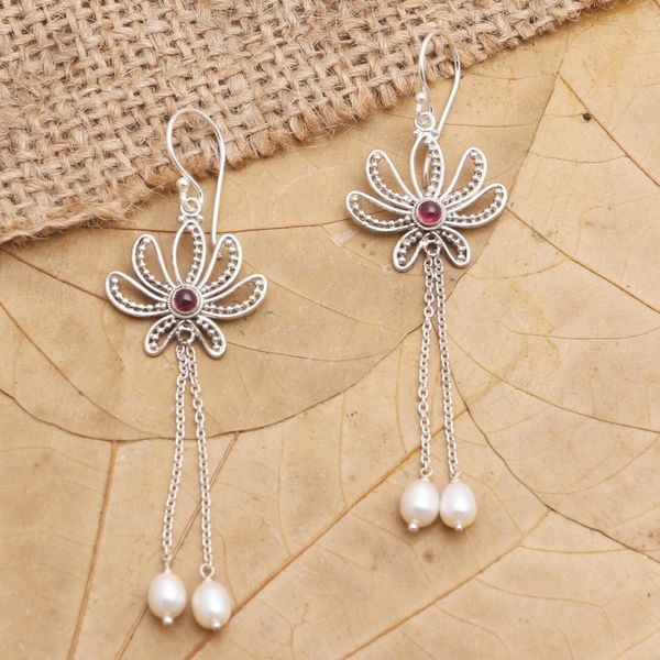 Alternate image for Handcrafted Cultured Pearl and Garnet Dangle Earrings Passionate Lotus