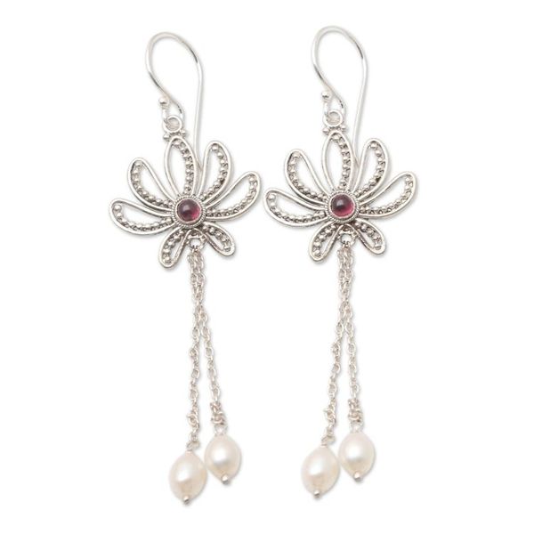 Alternate image for Handcrafted Cultured Pearl and Garnet Dangle Earrings Passionate Lotus