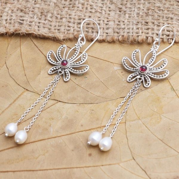 Alternate image for Handcrafted Cultured Pearl and Garnet Dangle Earrings Passionate Lotus