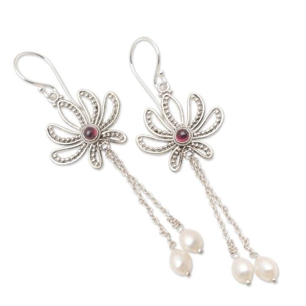 Alternate image for Handcrafted Cultured Pearl and Garnet Dangle Earrings Passionate Lotus
