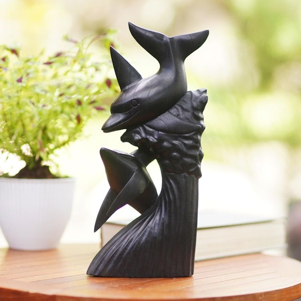 Black Suar Wood Dolphin Sculpture 'Dolphins on the Reef'