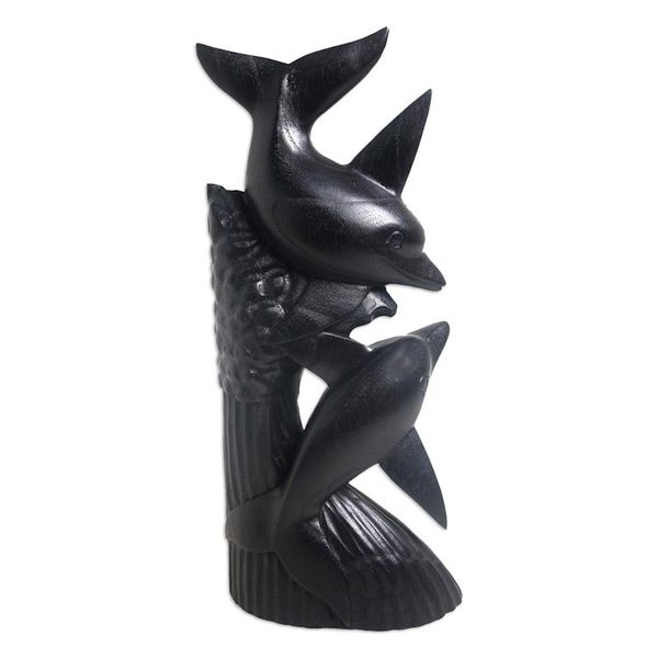 Alternate image for Black Suar Wood Dolphin Sculpture Dolphins on the Reef