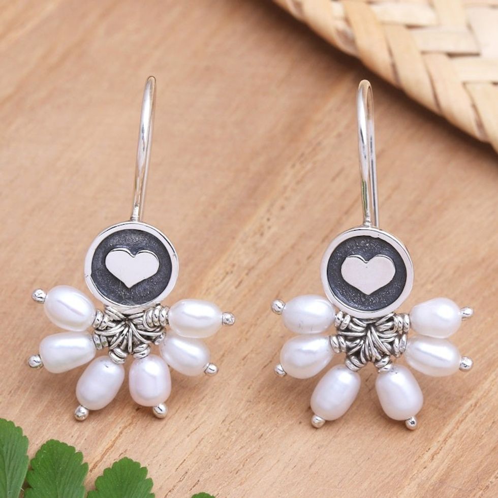 Cultured Pearl Drop Earrings with Heart Motif 'Radiant Warmth'