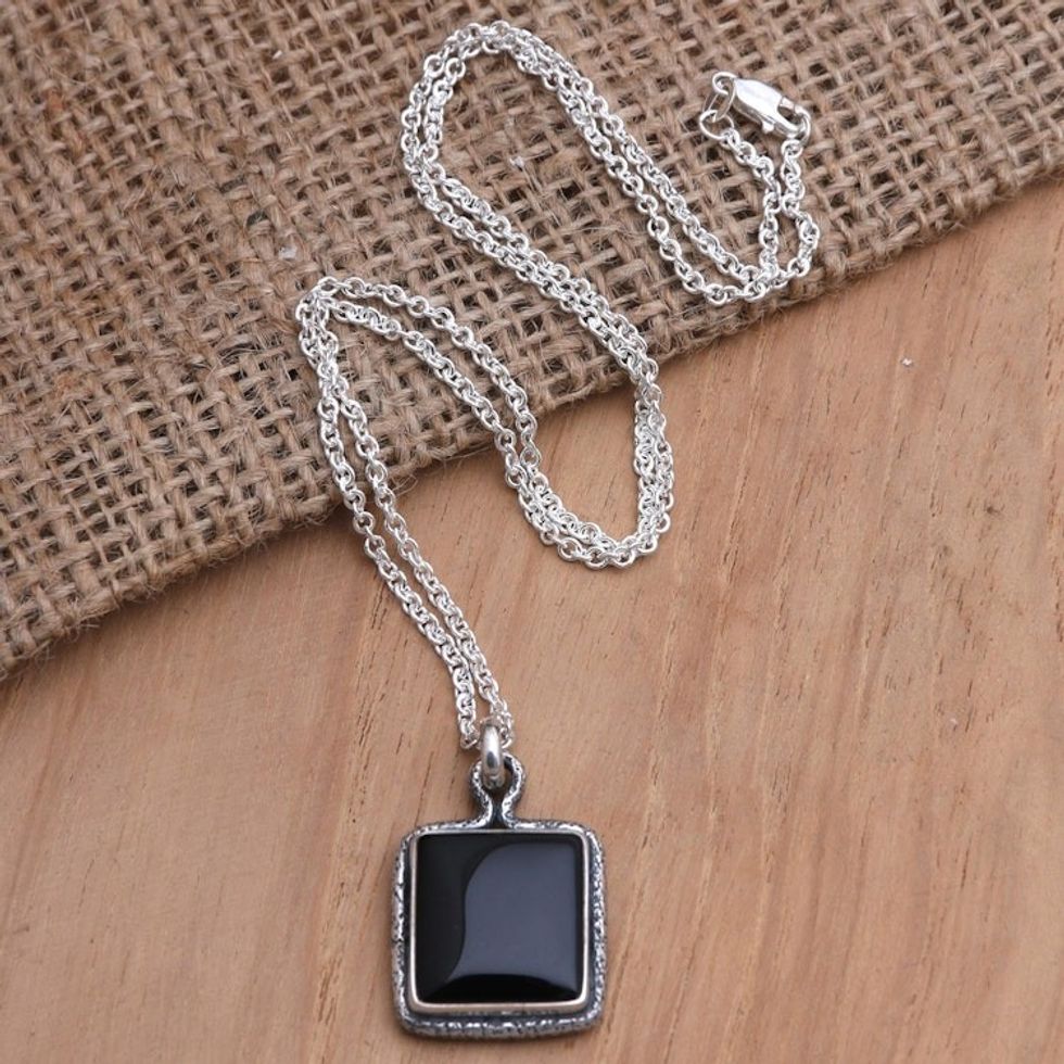Handmade Sterling Silver and Onyx Pendant Necklace 'Square Shadow'