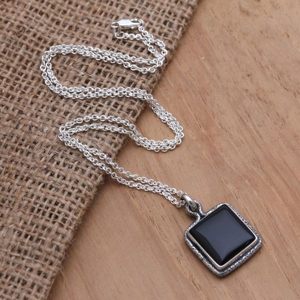 Alternate image for Handmade Sterling Silver and Onyx Pendant Necklace Square Shadow