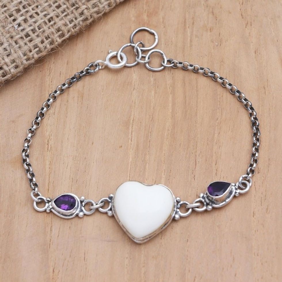 Amethyst Heart-Motif Pendant Bracelet 'Blossoming Affection'