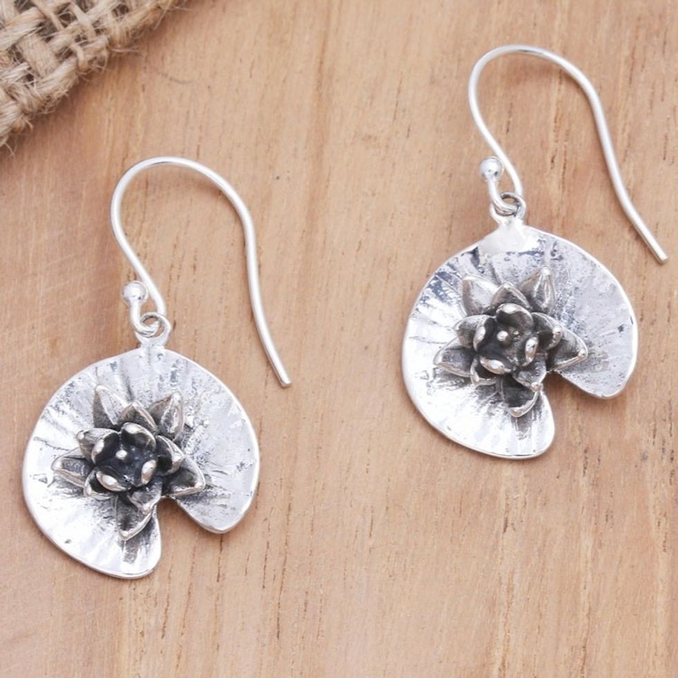Sterling Silver Lotus-Themed Dangle Earrings 'Aquatic Beauty'