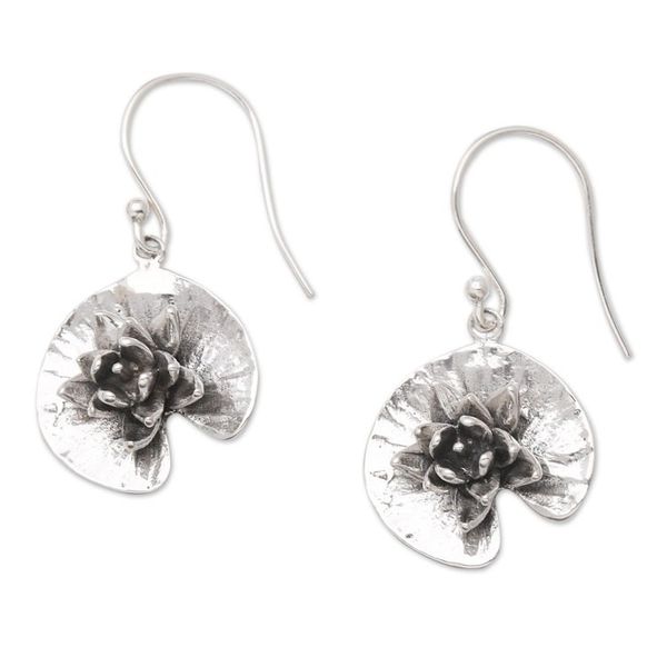 Alternate image for Sterling Silver Lotus-Themed Dangle Earrings Aquatic Beauty