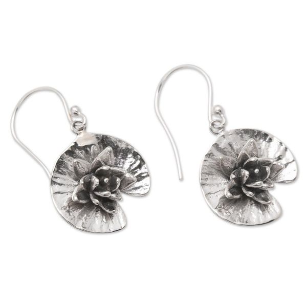 Alternate image for Sterling Silver Lotus-Themed Dangle Earrings Aquatic Beauty