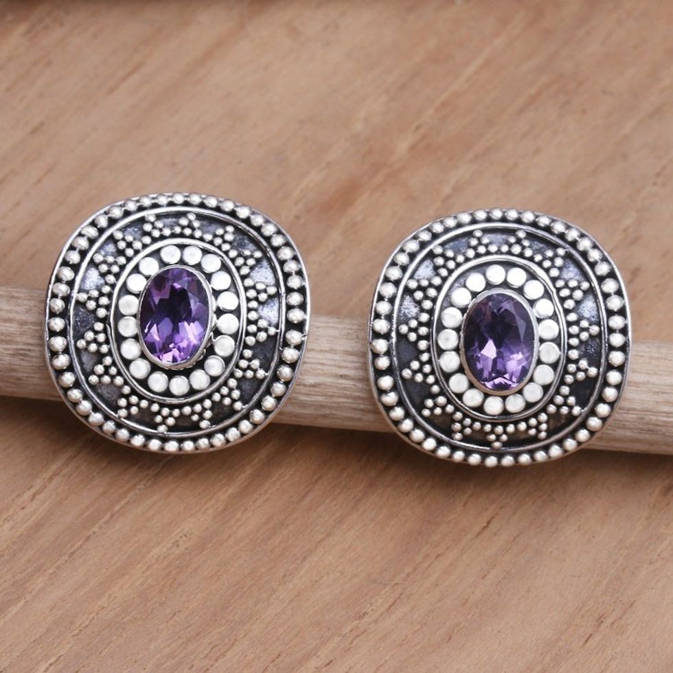 Amethyst and Sterling Silver Button Earrings 'Dwarf Sunflower in Purple'