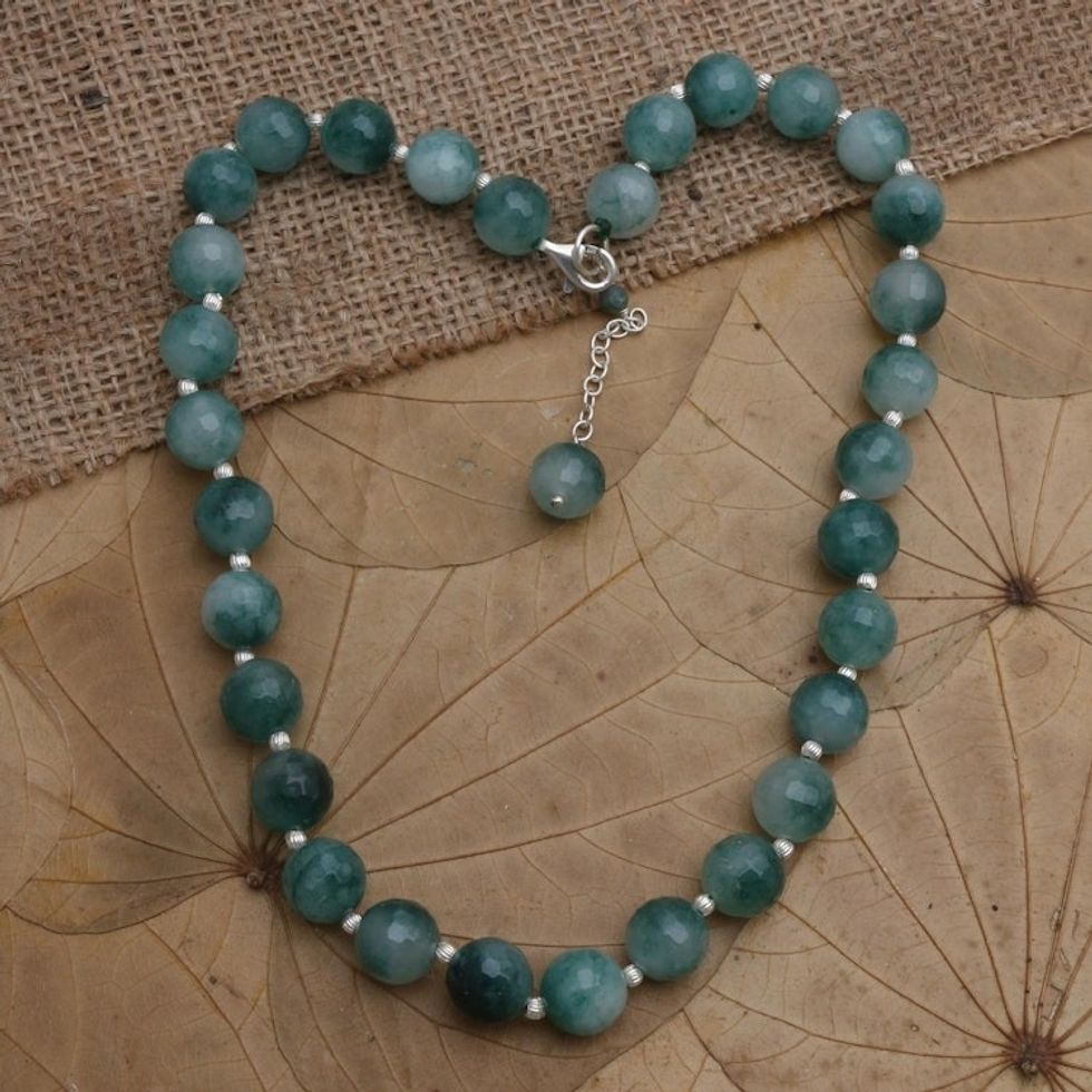 Artisan Crafted Sterling Silver and Agate Beaded Necklace 'Evening Cocktail in Green'