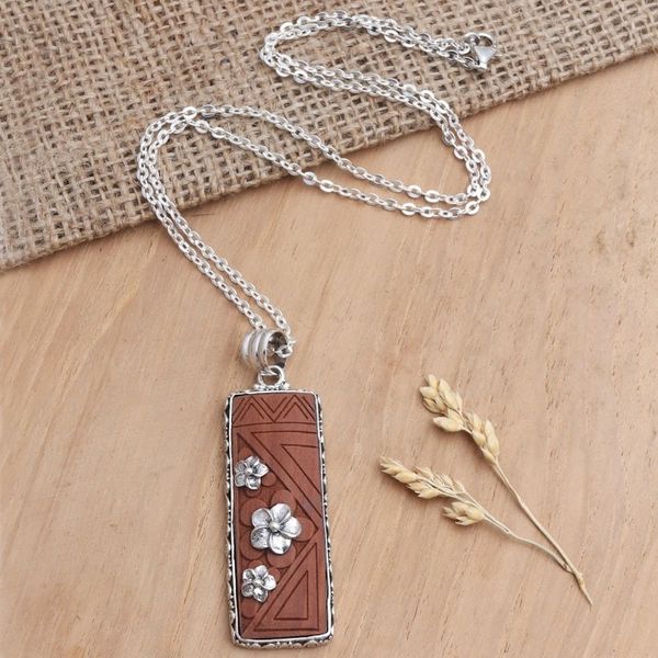 Alternate image for Sawo Wood Pendant Necklace with Floral Motif Scent of Snow