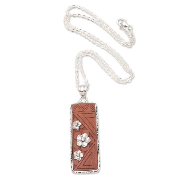 Alternate image for Sawo Wood Pendant Necklace with Floral Motif Scent of Snow