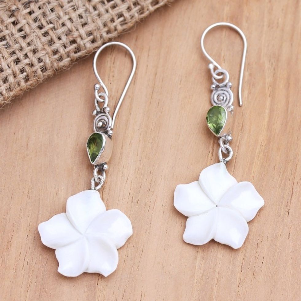 Sterling Silver and Peridot Floral Dangle Earrings 'Springtime Frangipani'