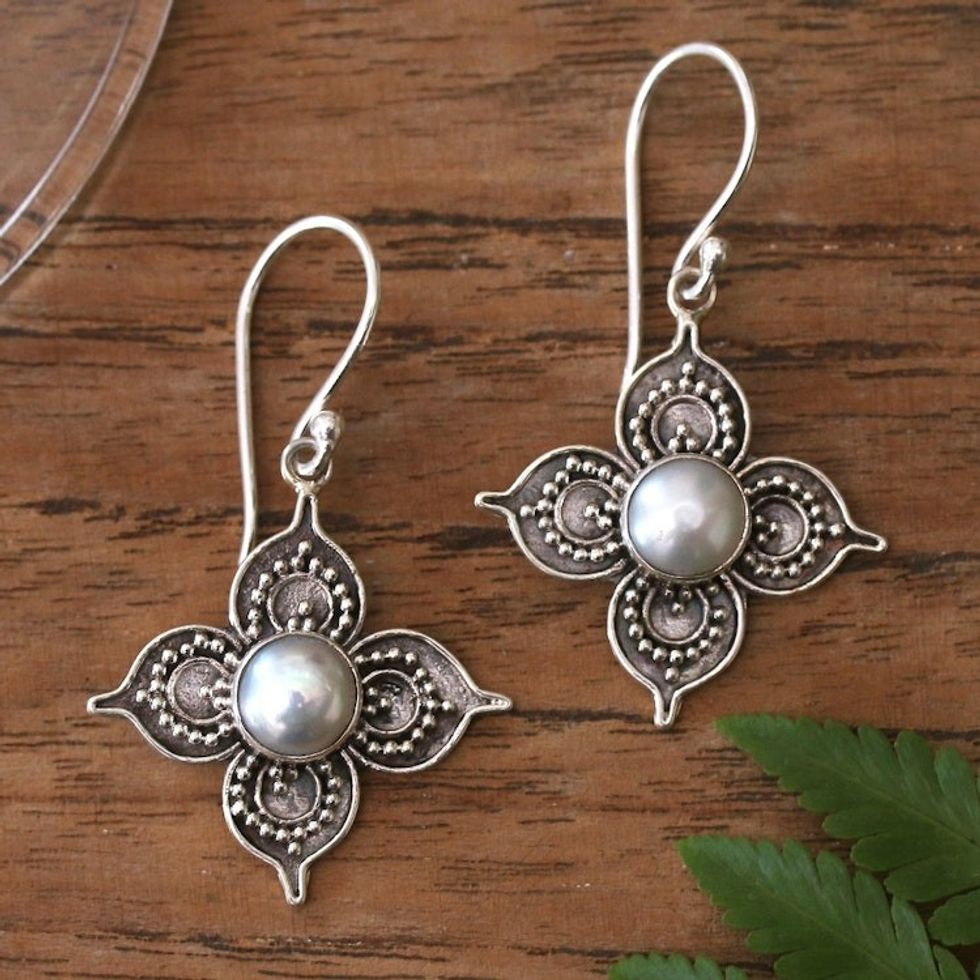 Balinese Cultured Freshwater Pearl Dangle Earrings 'Holy Glow'