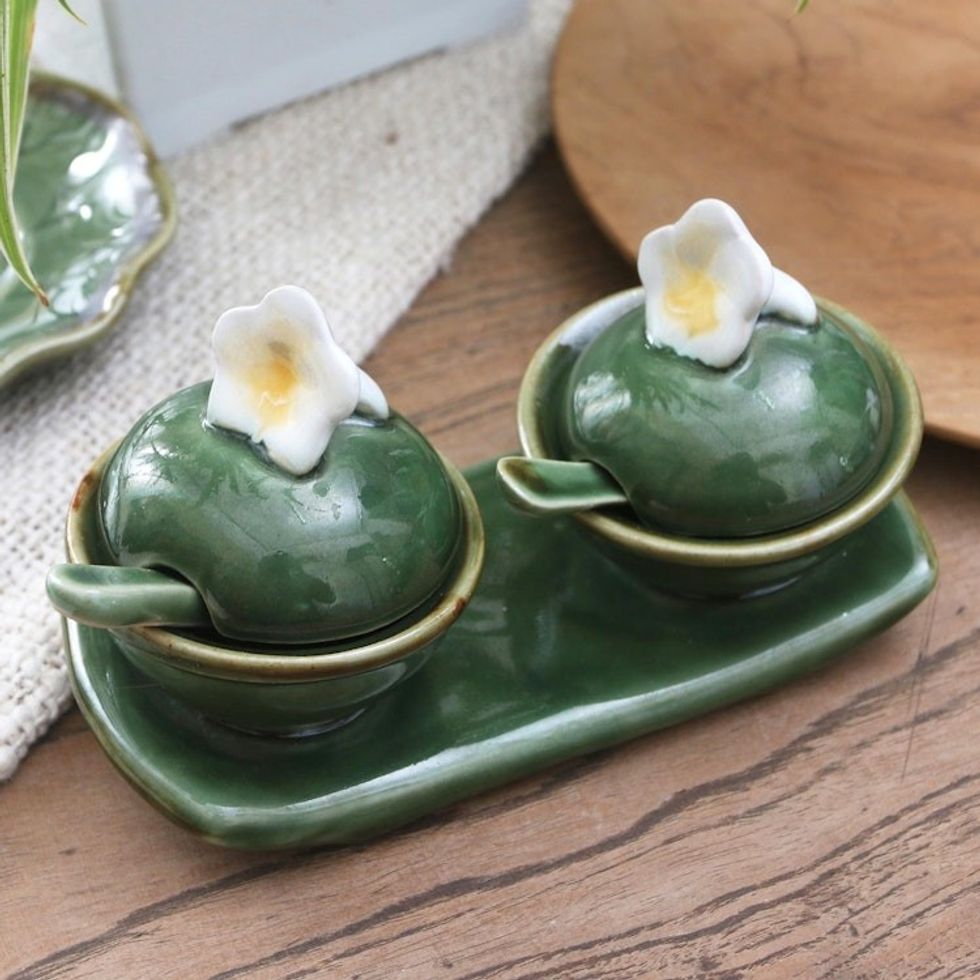 Frangipani-Themed Ceramic Condiment Set from Bali 5 Pcs 'Summer Frangipani'