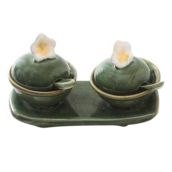 Alternate image for Frangipani-Themed Ceramic Condiment Set from Bali 5 Pcs Summer Frangipani