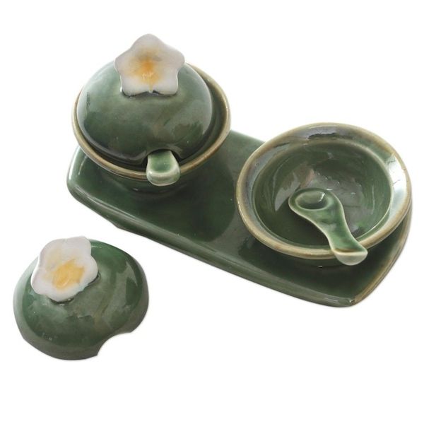 Alternate image for Frangipani-Themed Ceramic Condiment Set from Bali 5 Pcs Summer Frangipani