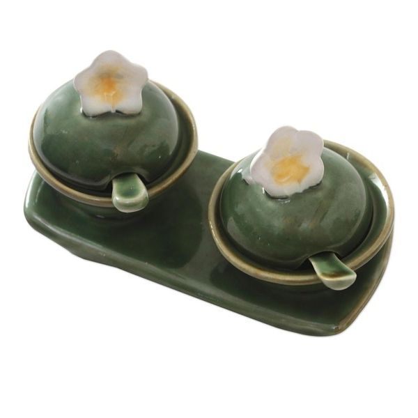 Alternate image for Frangipani-Themed Ceramic Condiment Set from Bali 5 Pcs Summer Frangipani