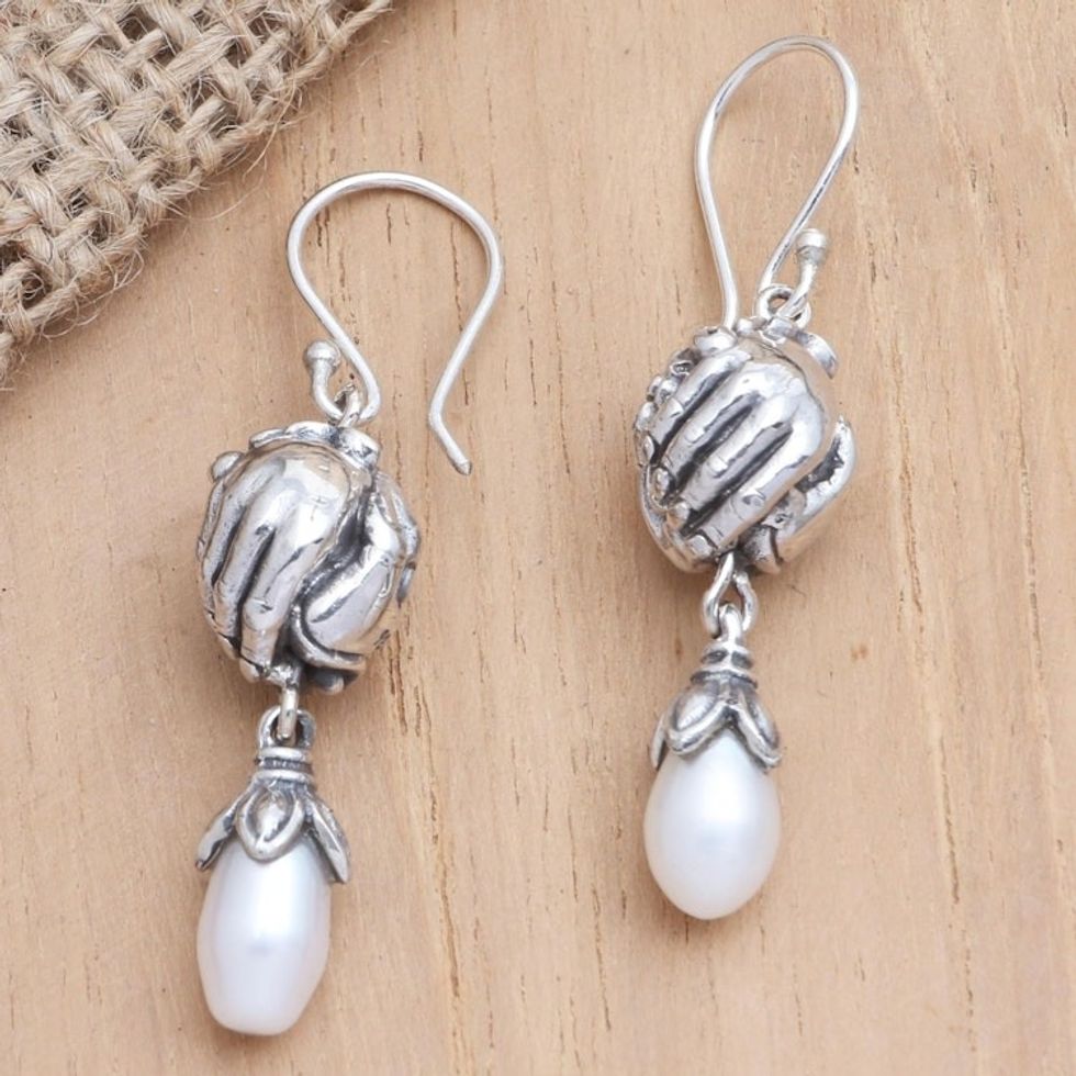 Cultured Pearl and Sterling Silver Dangle Earrings 'Open Harmony'