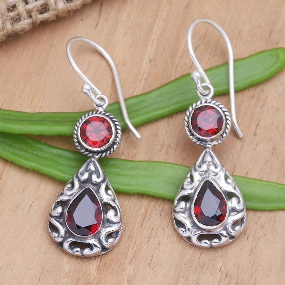 Handmade Balinese Garnet Dangle Earrings 'Palace Walls in Red'