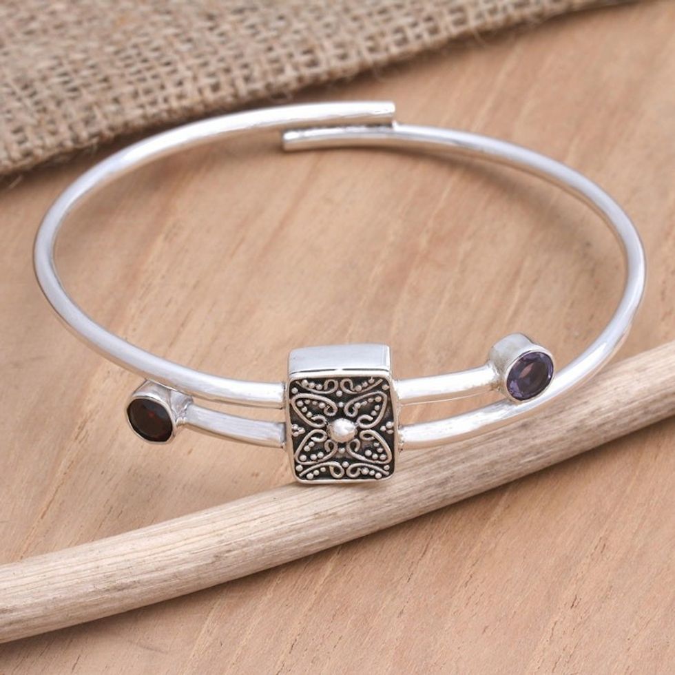 Hand Made Amethyst and Garnet Bangle Bracelet 'Lucky Strike'