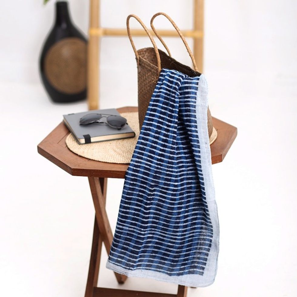 Eco-Friendly Hand-Woven Cotton Scarf 'Blue Lines'