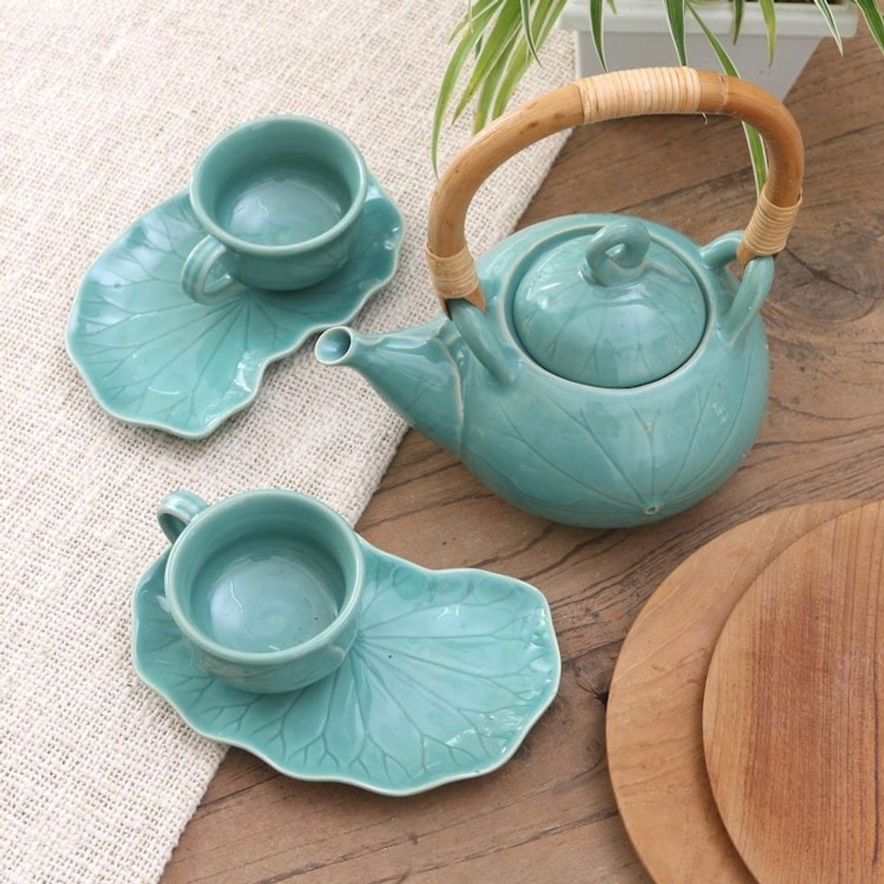 Handmade Ceramic and Bamboo Tea Set for Two 5 Pcs 'Warm Tea in Teal'