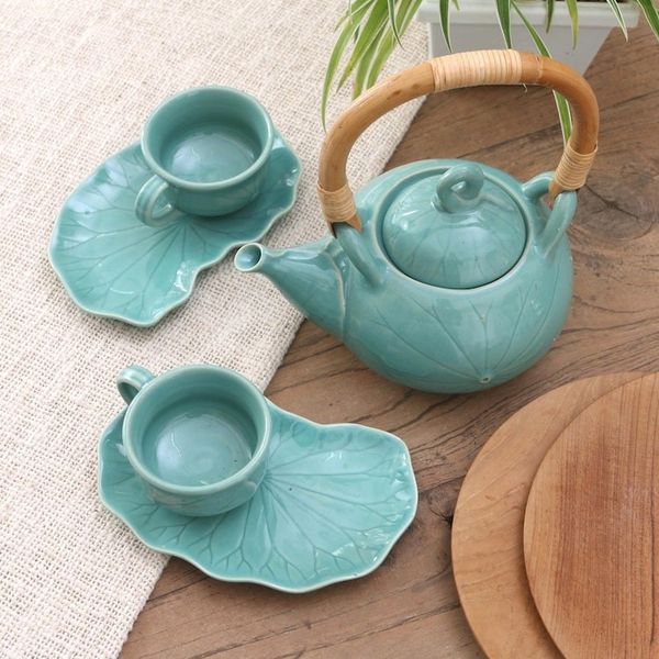 Alternate image for Handmade Ceramic and Bamboo Tea Set for Two 5 Pcs Warm Tea in Teal