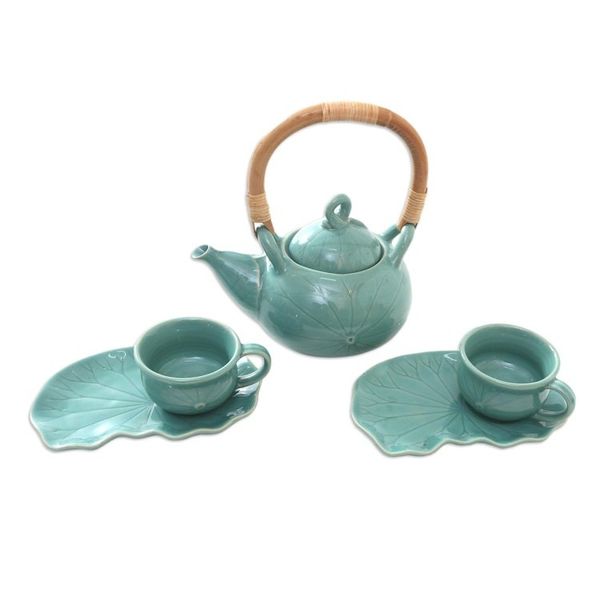 Alternate image for Handmade Ceramic and Bamboo Tea Set for Two 5 Pcs Warm Tea in Teal