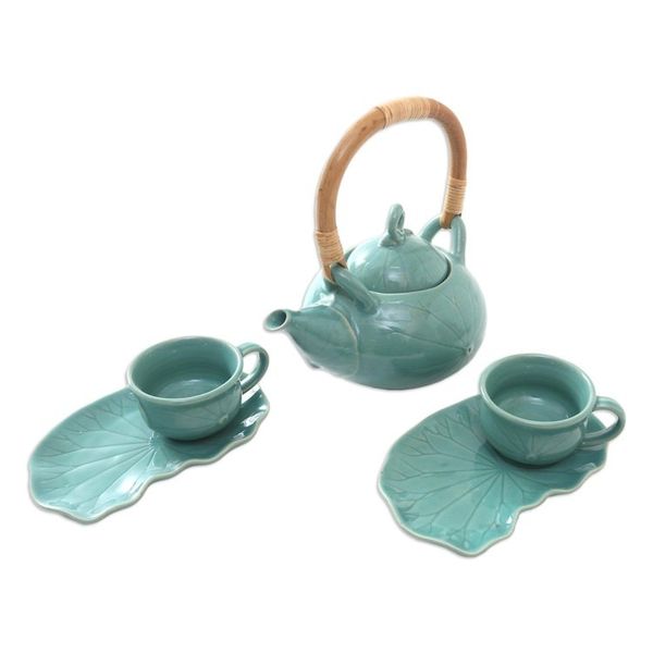 Alternate image for Handmade Ceramic and Bamboo Tea Set for Two 5 Pcs Warm Tea in Teal