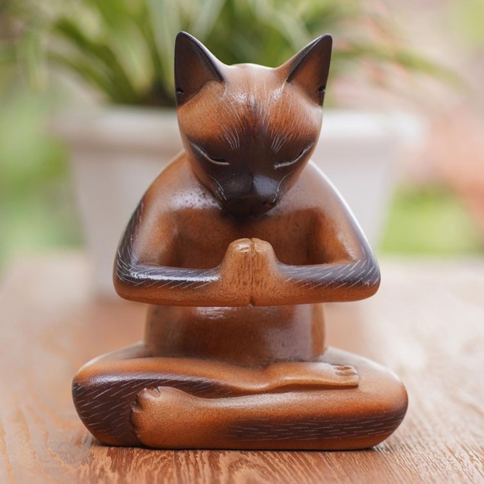 Hand Crafted Suar Wood Cat Statuette 'Devout Feline'