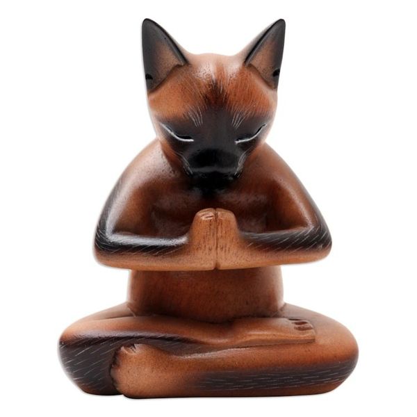 Alternate image for Hand Crafted Suar Wood Cat Statuette Devout Feline