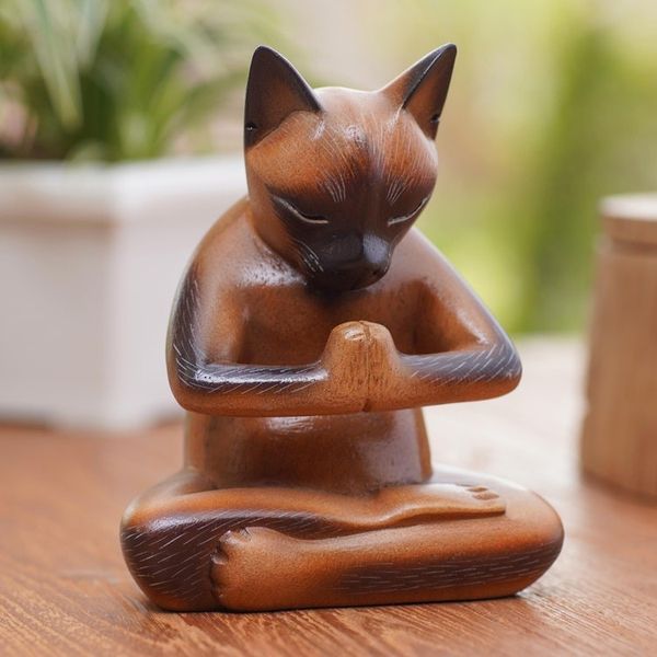 Alternate image for Hand Crafted Suar Wood Cat Statuette Devout Feline