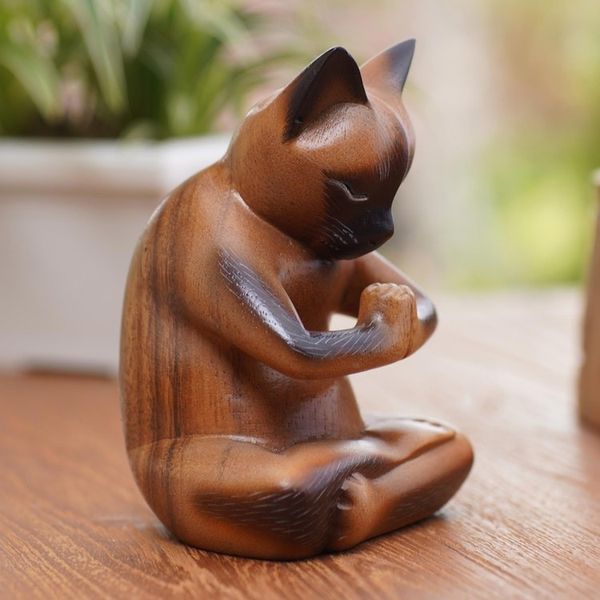 Alternate image for Hand Crafted Suar Wood Cat Statuette Devout Feline
