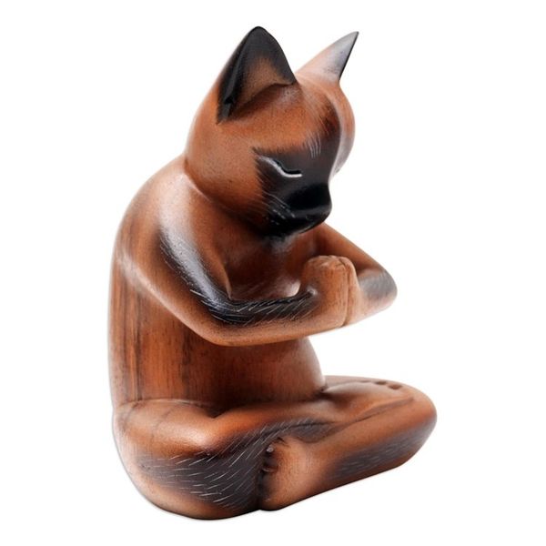 Alternate image for Hand Crafted Suar Wood Cat Statuette Devout Feline