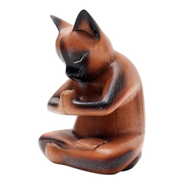 Alternate image for Hand Crafted Suar Wood Cat Statuette Devout Feline