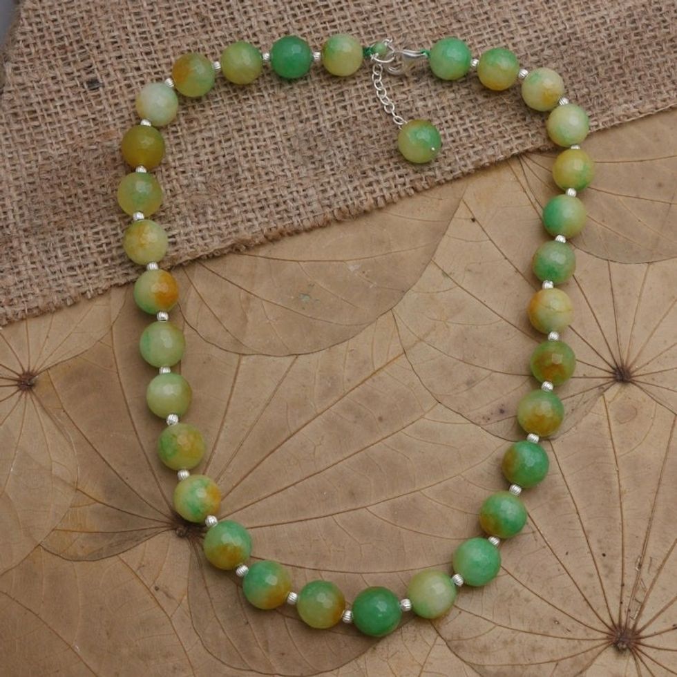 Sterling Silver and Green Agate Beaded Necklace 'Evening Cocktail in Lime Green'