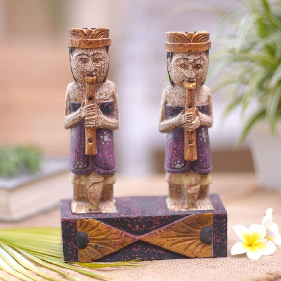 Handmade Wood Statuette with Music Motif 'Balinese Rhythm'