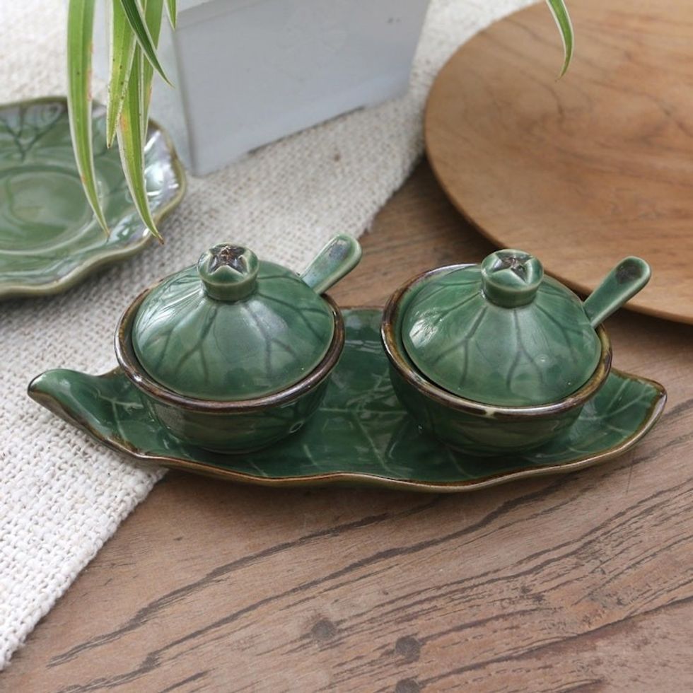 Ceramic Leaf-Motif Condiment Set from Bali 5 Pcs 'Leafy Surprise'