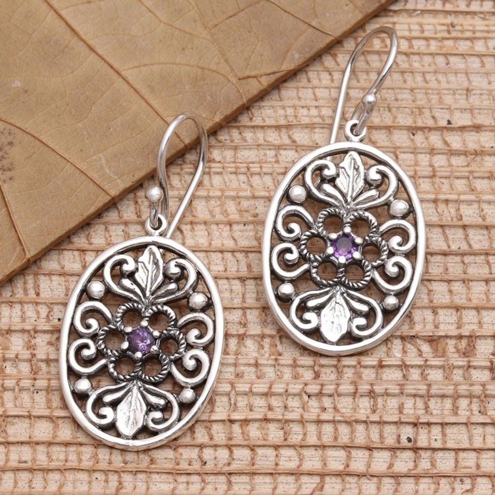 Sterling Silver and Amethyst Dangle Earrings 'Purple Eucalyptus'