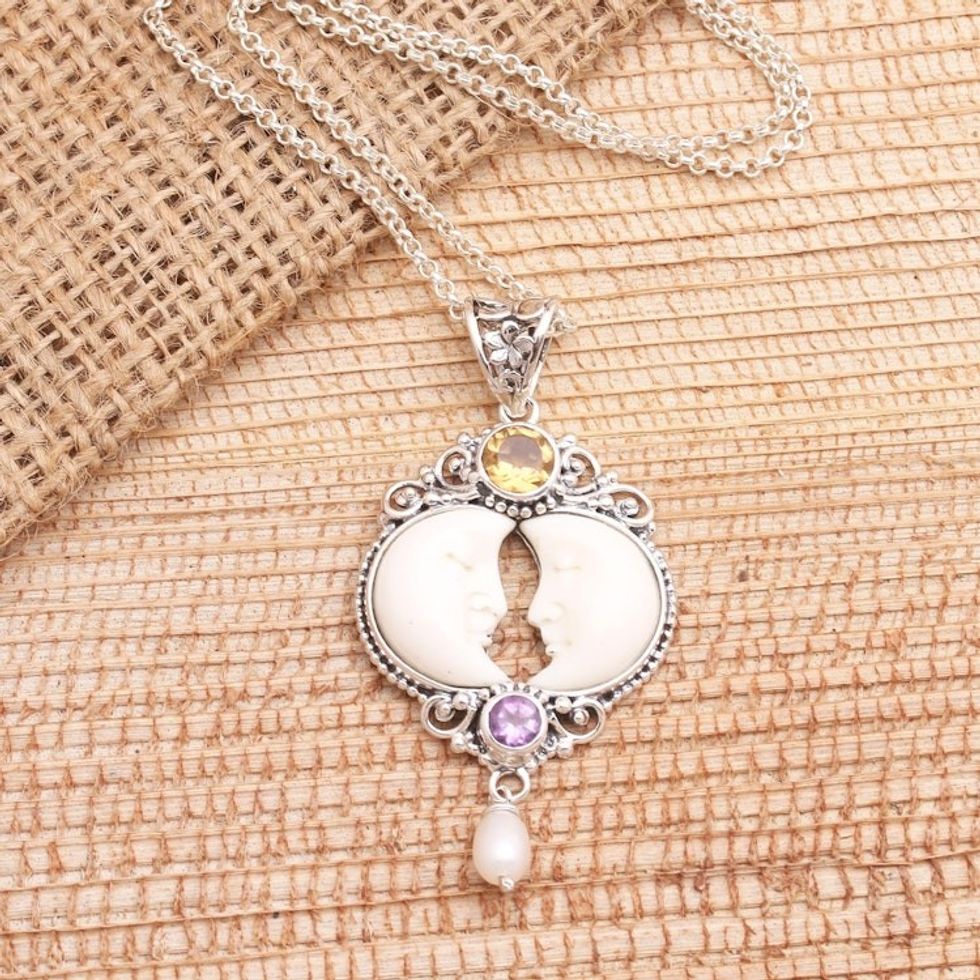 Amethyst and Citrine Crescent Moon Pendant Necklace 'Perfect Moment'