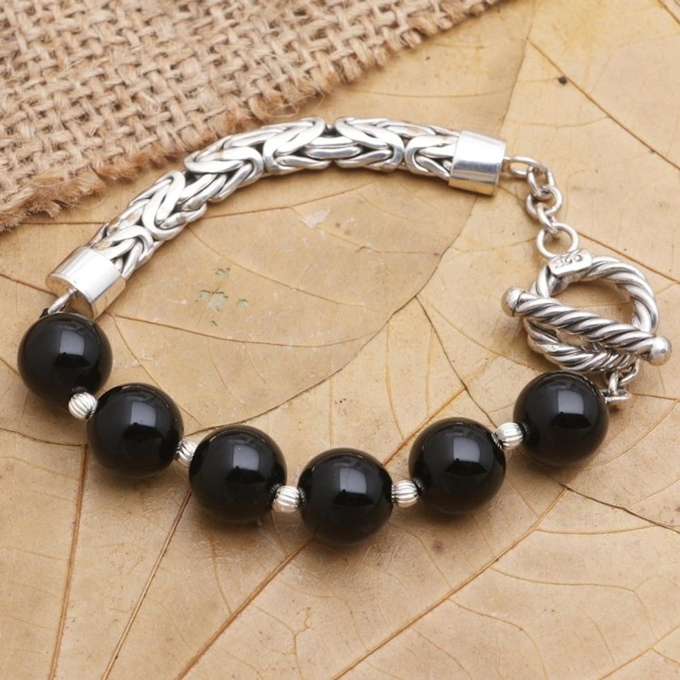 Onyx and Sterling Silver Beaded Bracelet from Bali 'Dark Journey'