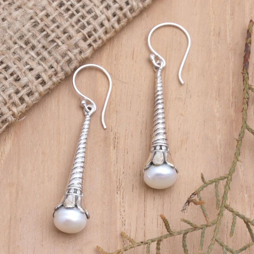 Balinese Cultured Pearl and Sterling Silver Dangle Earrings 'Coiled Flower'