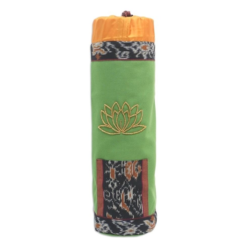 Drawstring Ikat Cotton Yoga Mat Bag 'Petite Golden Lotus'
