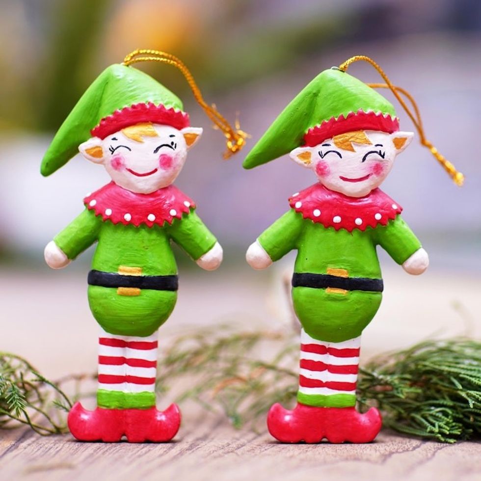 Handmade Albesia Wood Elf Holiday Ornaments Pair 'Happy Elves'