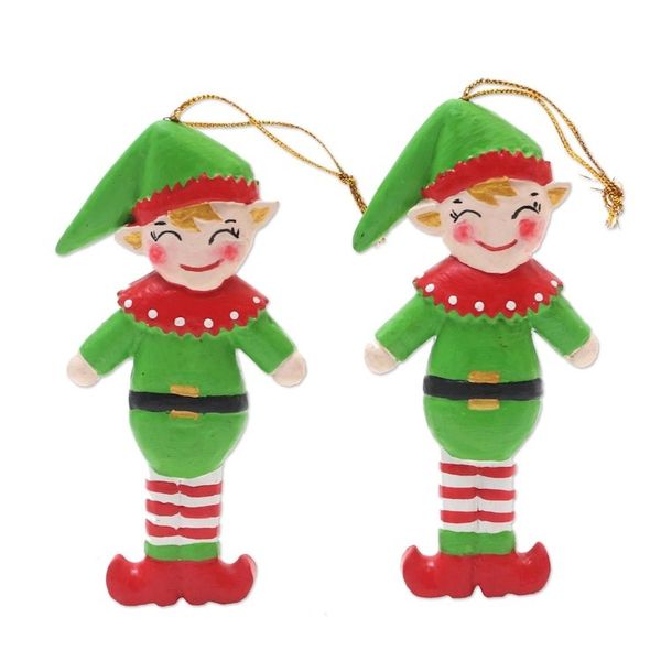 Alternate image for Handmade Albesia Wood Elf Holiday Ornaments Pair Happy Elves