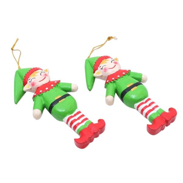 Alternate image for Handmade Albesia Wood Elf Holiday Ornaments Pair Happy Elves